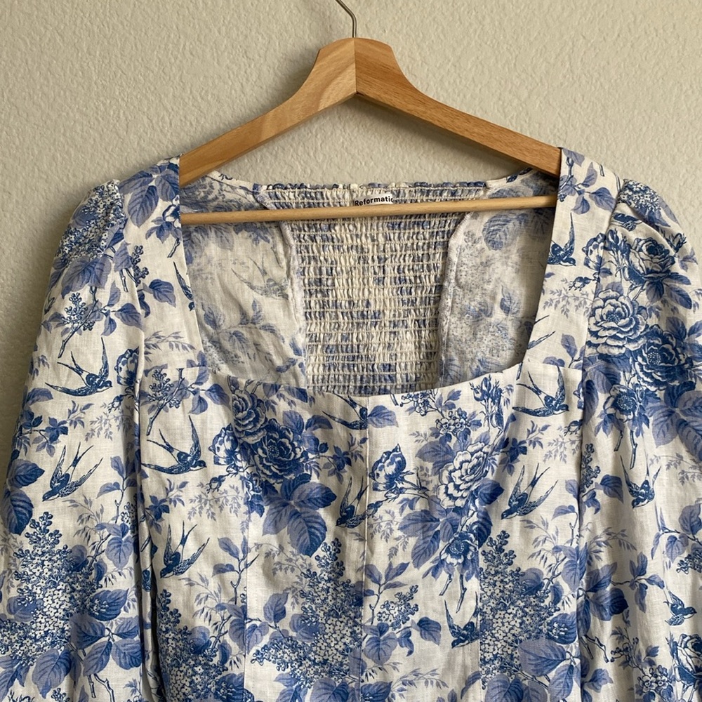 Reformation Linen Stilton Floral Romantic Square Neck Long Sleeve Top Size 10 - Picture 7 of 16